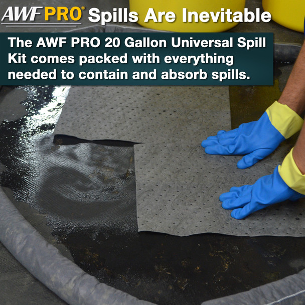 Person wearing blue gloves using white absorbent pads and a sock to contain and clean up an oil spill on a floor.
