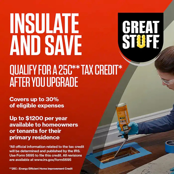 Infographic detailing how insulation upgrades qualify for a twenty-five C Energy Efficient Home Improvement Credit. It notes the tax credit covers up to thirty percent of eligible expenses, up to twelve hundred dollars per year for homeowners or tenants in a primary residence, using IRS Form fifty-six ninety-five.