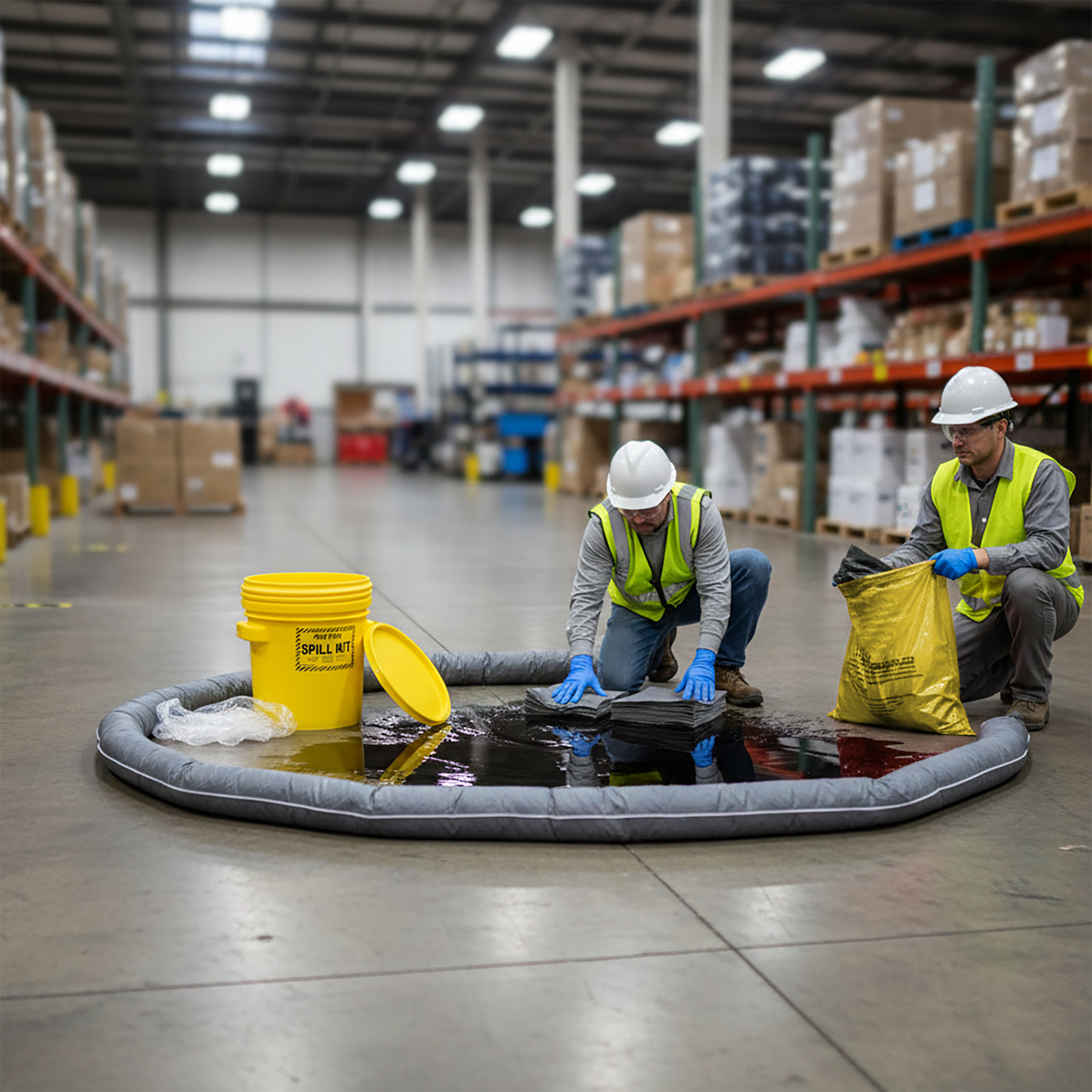 Two workers in safety gear cleaning a liquid spill inside a warehouse using absorbent pads, containment boom, and spill kit bucket.