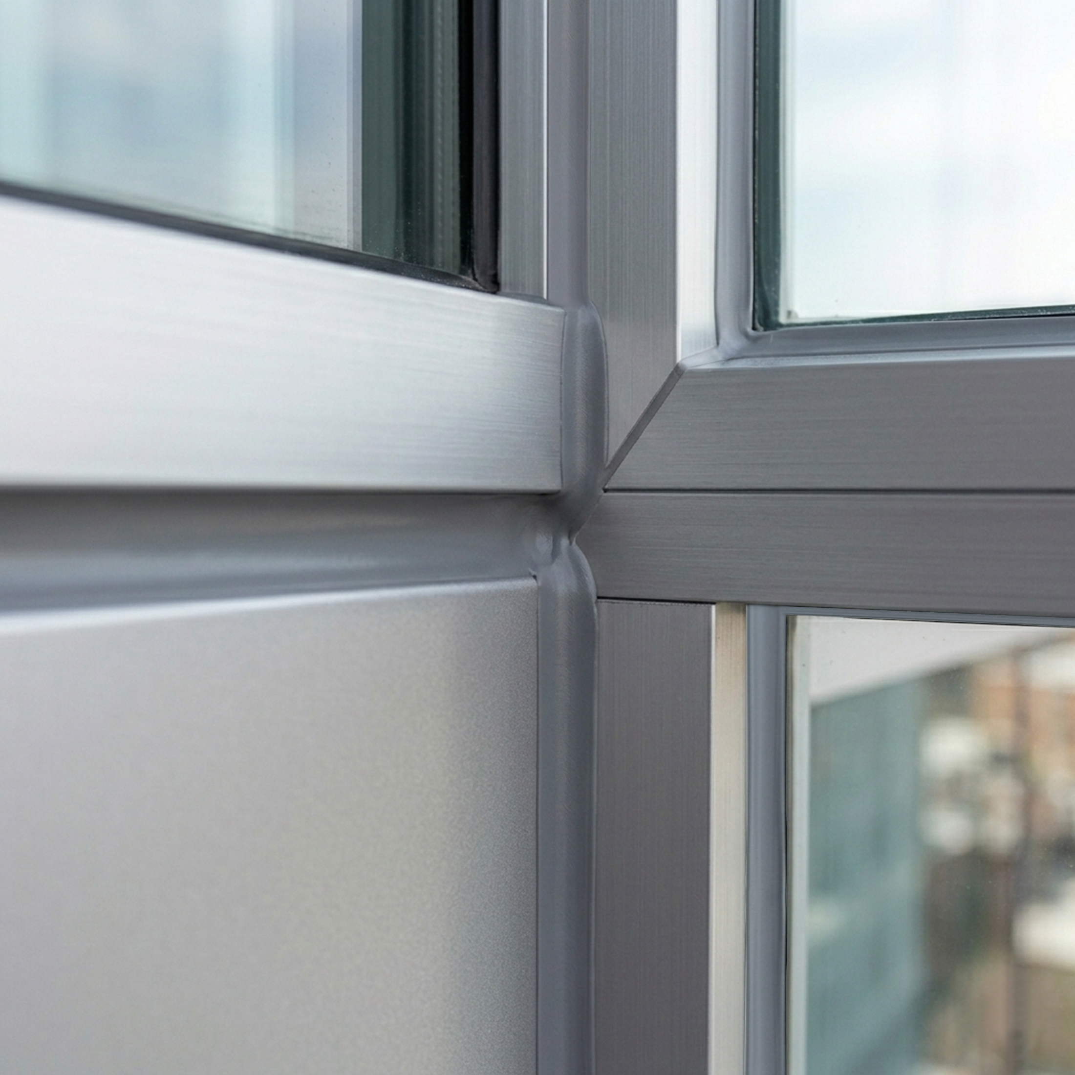 Close-up of gray window frame corner with clean, smooth sealant bead applied at joint, sealing glass and metal surfaces for weatherproofing.