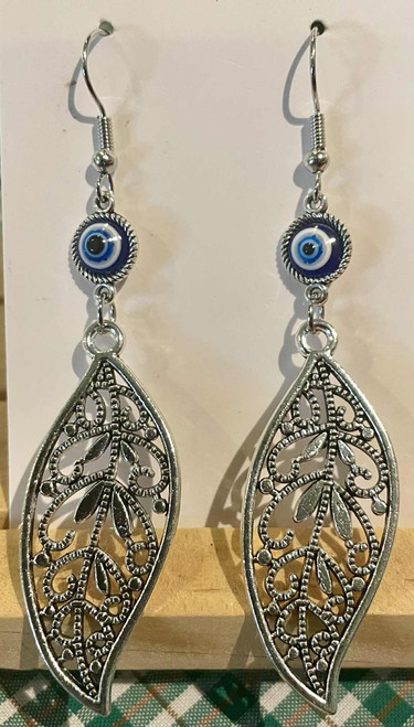 HANDMADE Silver Plated Blue Evil Eye & Leaf Drop Hook Earrings