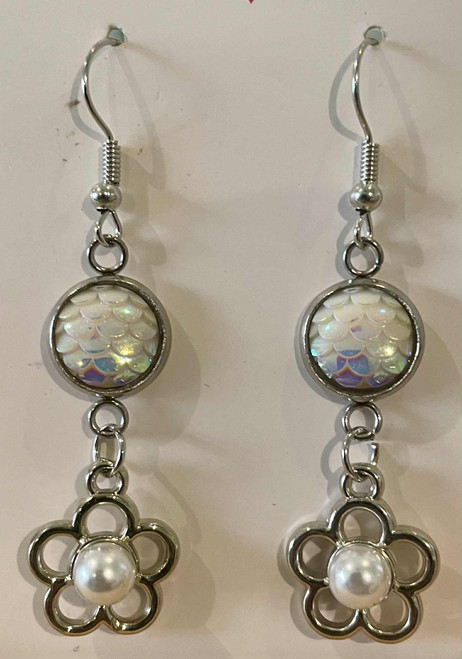 HANDMADE - White Mermaid Scale Connector & Flower Charm with Pearl Bead Drop Earrings