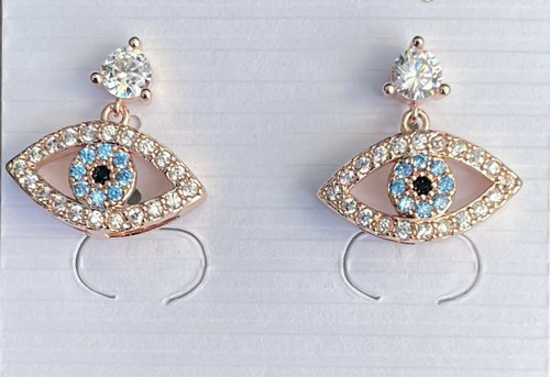 Dainty Rose Gold Plated Evil Eye Stud Earrings with Blue & White Crystals Dainty Rose Gold Plated Evil Eye Stud Earrings with Blue & White Crystals