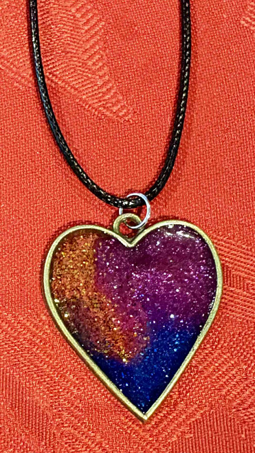 HANDMADE Resin Poured Heart Pendant Blue, Gold & Purple Glitter Necklace