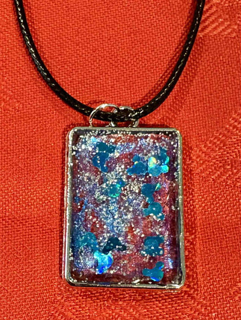 HANDMADE Resin Poured Rectangle Pendant Blue Glitter Necklace