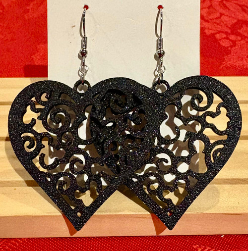 3D Printed Disney Hidden Mickey Black Heart Drop Hook Earrings