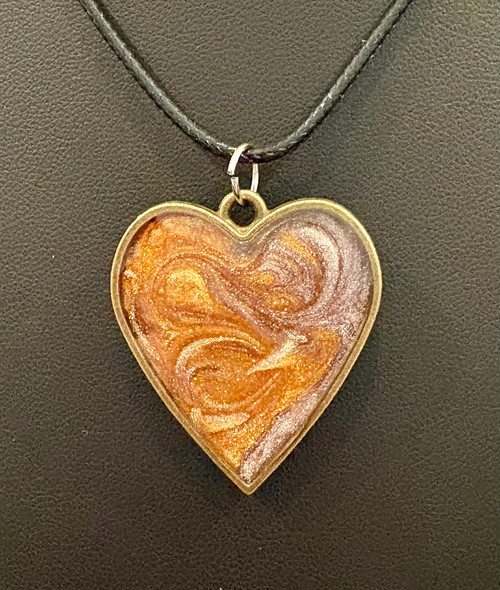 NEW Handmade Resin Poured Heart Gold & Bronze Glitter Swirl Pendant Necklace
