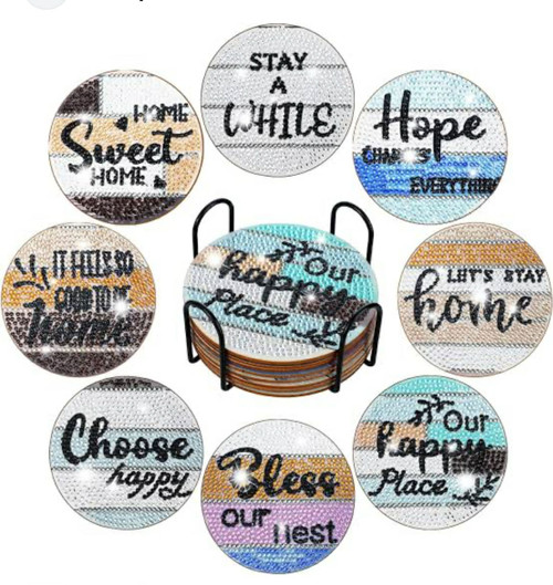 NEW 8 Piece Diamond Painting DIY Home Sayings Coaster Set - Includes Stand