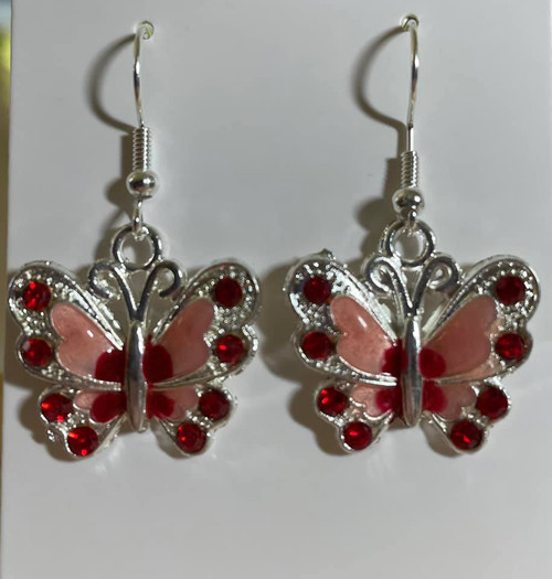 HANDMADE - Pair Silver Plated Butterfly Hook Earrings with Crystals - Red