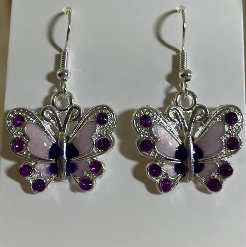 HANDMADE - Pair Silver Plated Butterfly Hook Earrings with Crystals - Purple
