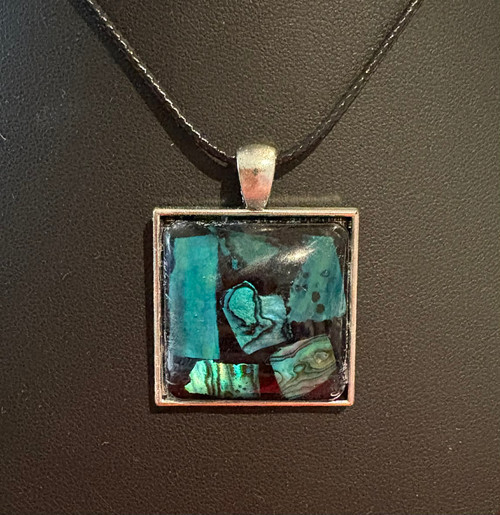 Handmade Resin Poured Abalone Shell Pieces Square Pendant Necklace