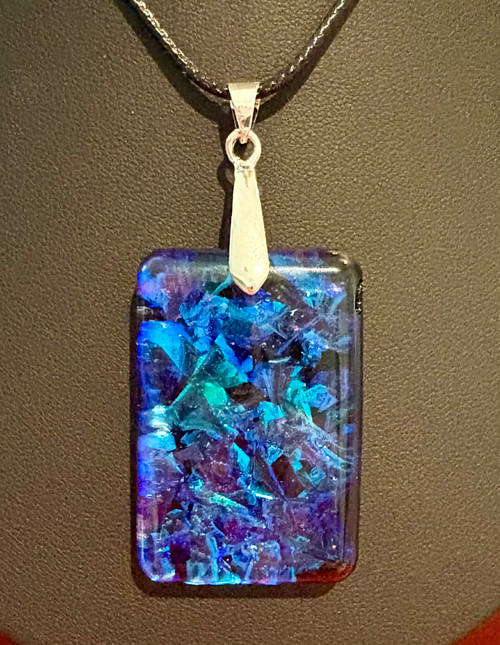 Handmade Resin Poured Blue Glitter Flakes Rectangle Design Pendant Necklace