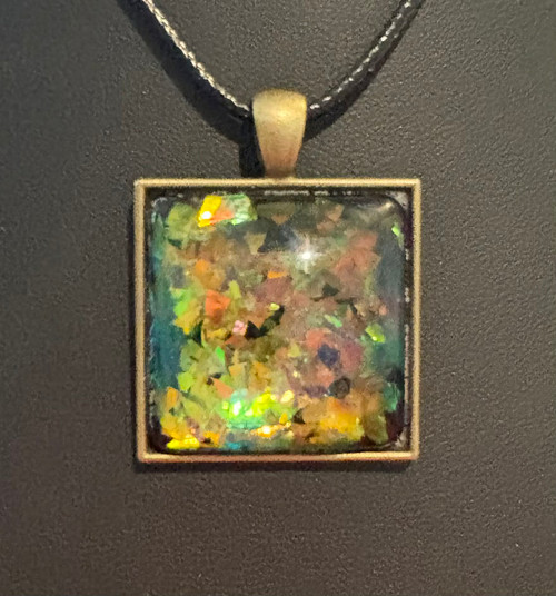 Handmade Resin Poured Multi-Coloured Glitter Flakes Square Pendant Necklace