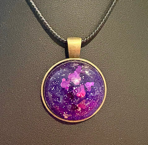 Handmade Resin Poured Purple Glitter Round Pendant Necklace with Mickey Sequins