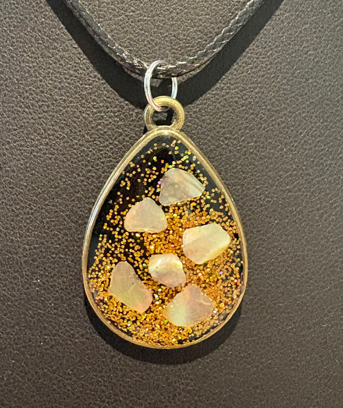 Handmade Resin Poured White Abalone Shell & Glitter Tear Drop Pendant Necklace