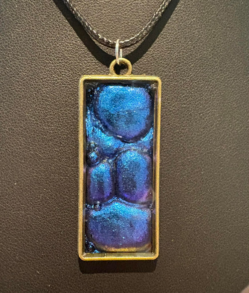 Handmade Resin Poured Blue Shiny Bubble Design Rectangle Pendant Necklace