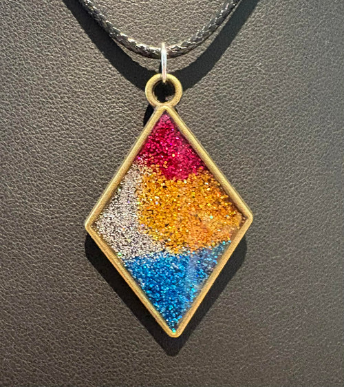 Handmade Resin Poured Blue, Gold, Silver & Pink Glitter Diamond Shaped Necklace