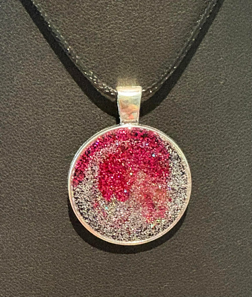NEW Handmade Resin Poured Pink & Silver Glitter Round Pendant Necklace