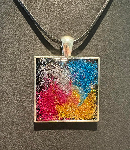 Handmade Resin Poured Pink, Blue, Silver & Gold Glitter Square Pendant Necklace