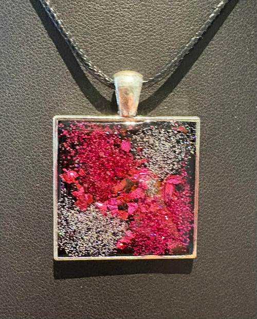 NEW Handmade Resin Poured Pink & Silver Glitter Square Pendant Necklace
