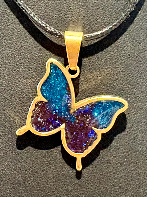 NEW Handmade Red & Blue Glitter Resin Gold Butterfly Bezel Pendant Necklace