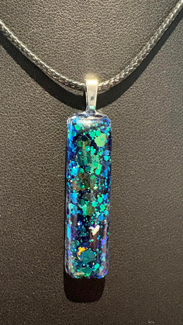 NEW Handmade Rectangle Resin Pendant Teal /Blue Chameleon Glitter Necklace #1