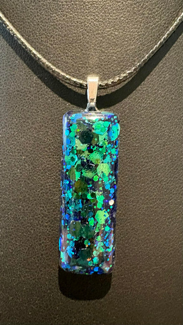 NEW Handmade Rectangle Resin Pendant Teal /Blue Chameleon Glitter Necklace #2