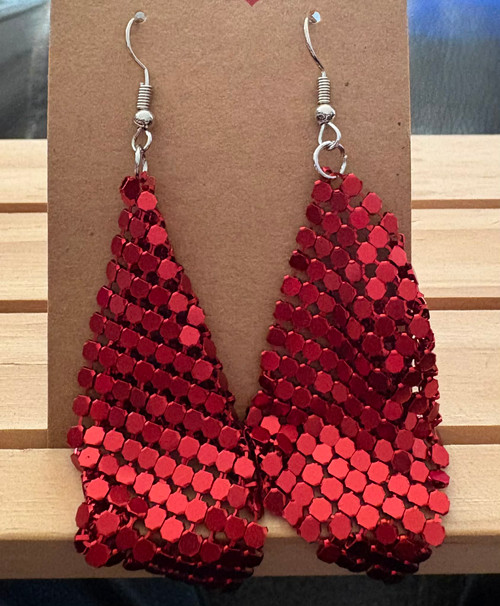 HANDMADE - Red Mesh Geometric Sequined Drop Hook Earrings