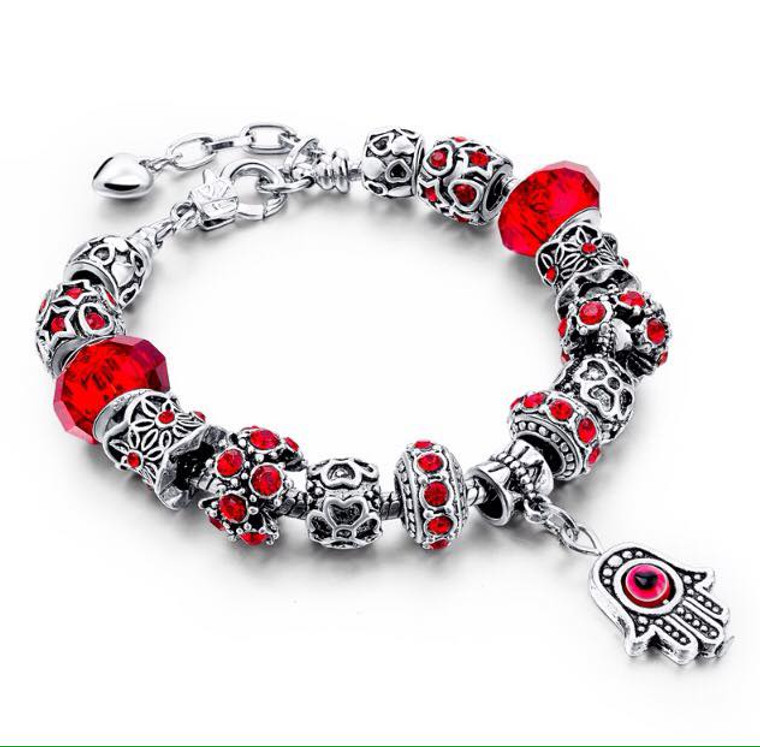 NEW Woman's/Girls Silver Plated Red Crystal Charm Bracelet with Hand