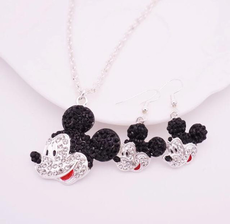 Silver Plated Mickey Mouse Crystal Necklace & Earrings Set