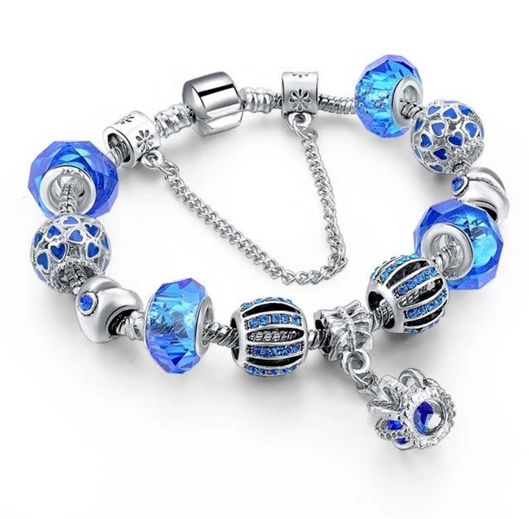 NEW Woman's/Girls Silver Plated Blue Crystal Charm Bracelet with Crystal Crown