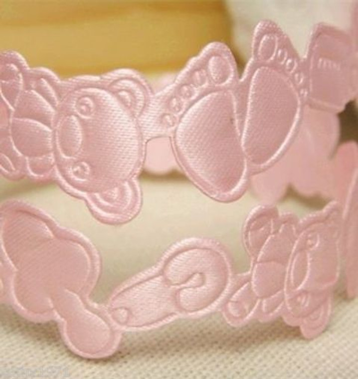 1M Baby Girl Pink Theme Embossed Satin 19mm Ribbon - Baby Feet,Bear,Dummy,Clip 