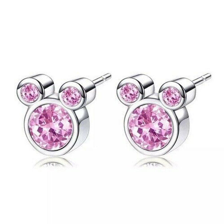 New Disney Mickey Mouse Silver Plated Pink Zirconia Stud Earrings