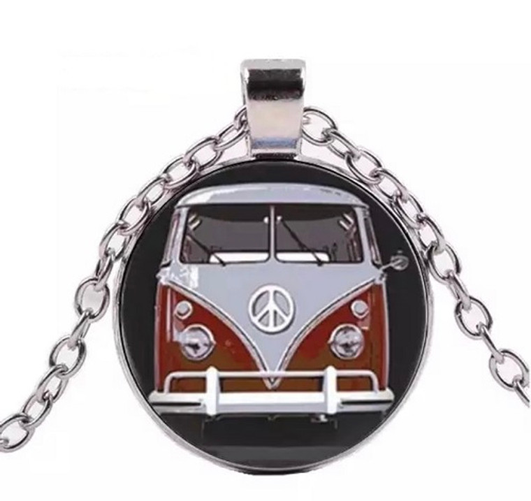 NEW Silver Plated Round Cabochon Red Combi Van Necklace
