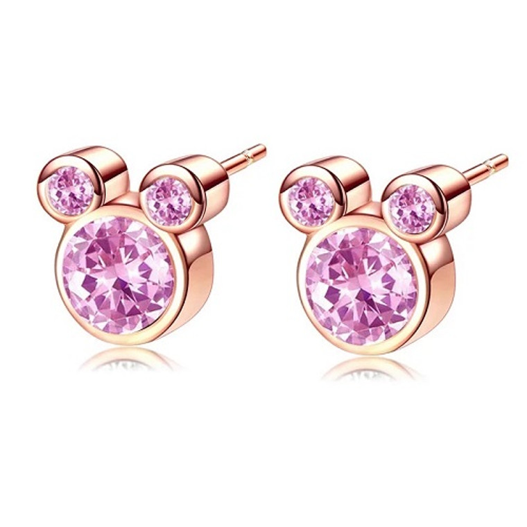 New Disney Mickey Mouse Rose Gold Plated Pink Zirconia Stud Earrings