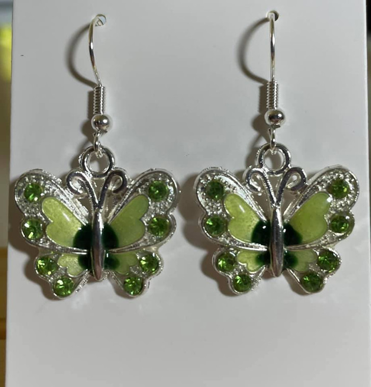 HANDMADE - Pair Silver Plated Butterfly Hook Earrings with Crystals - Green