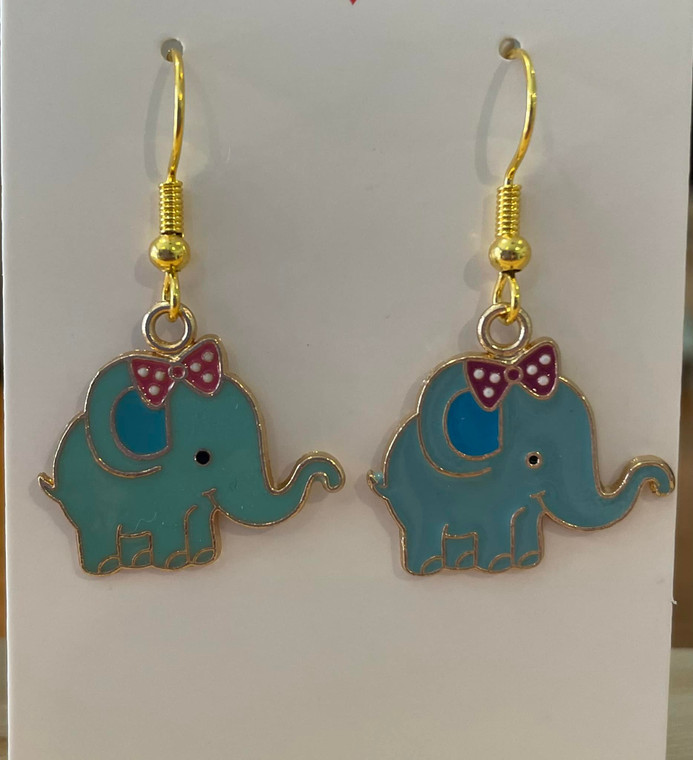 HANDMADE - Pair Blue Elephant Drop Hook Earrings