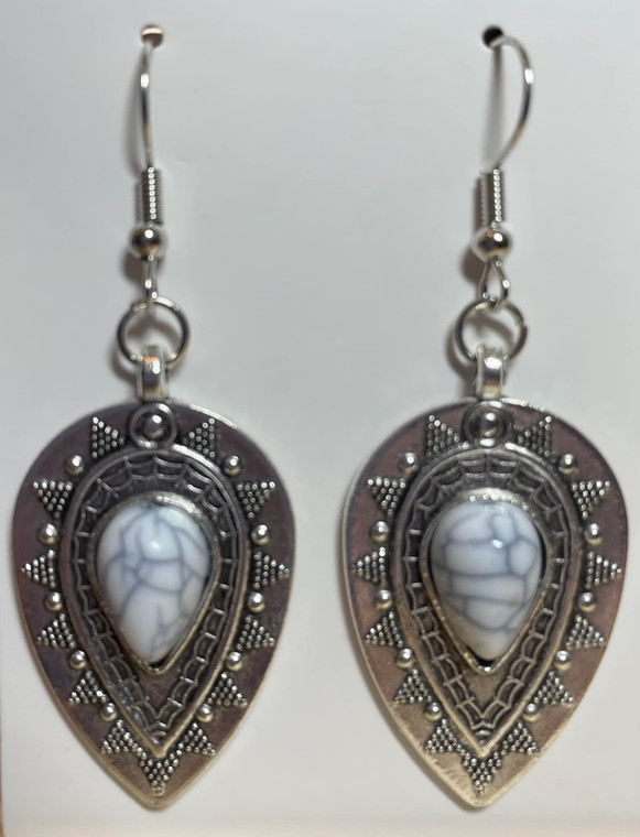 Handmade Tibetan Silver Teardrop Stone Hook Earrings - White