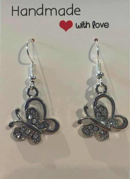 Handmade Crystal Butterfly Silver Plated - Hook Earrings