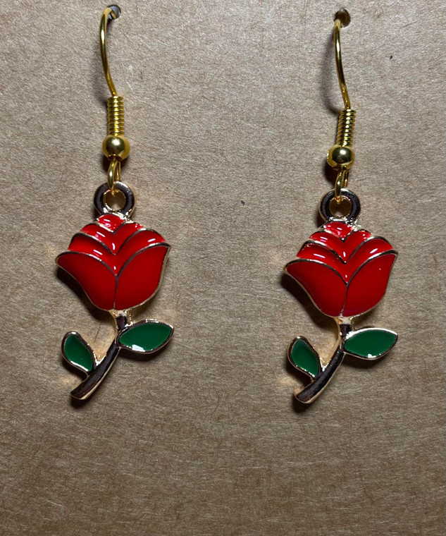 Handmade Gold Plated  Red Roses - Hook Earrings