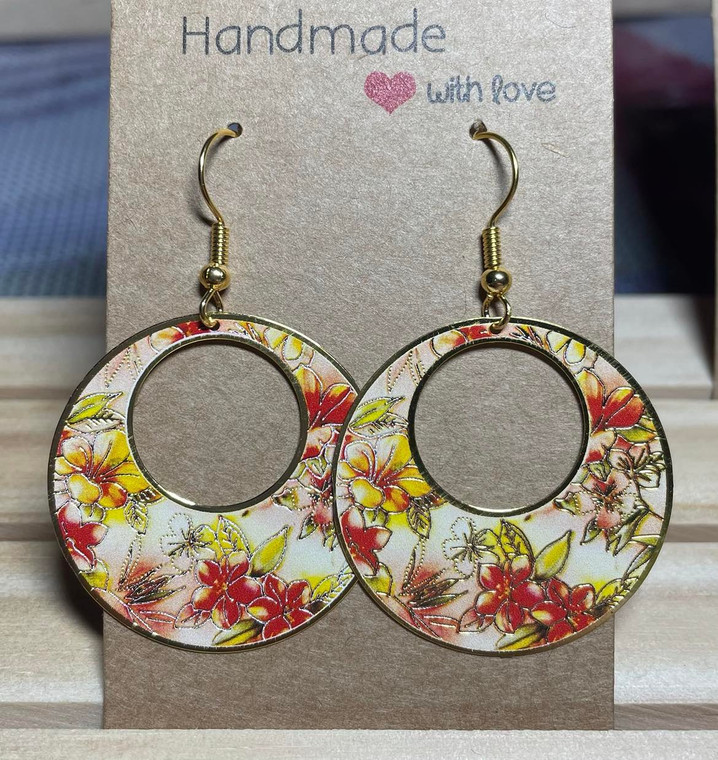 HANDMADE Round Gold Plated Metal Red Floral Hook Earrings