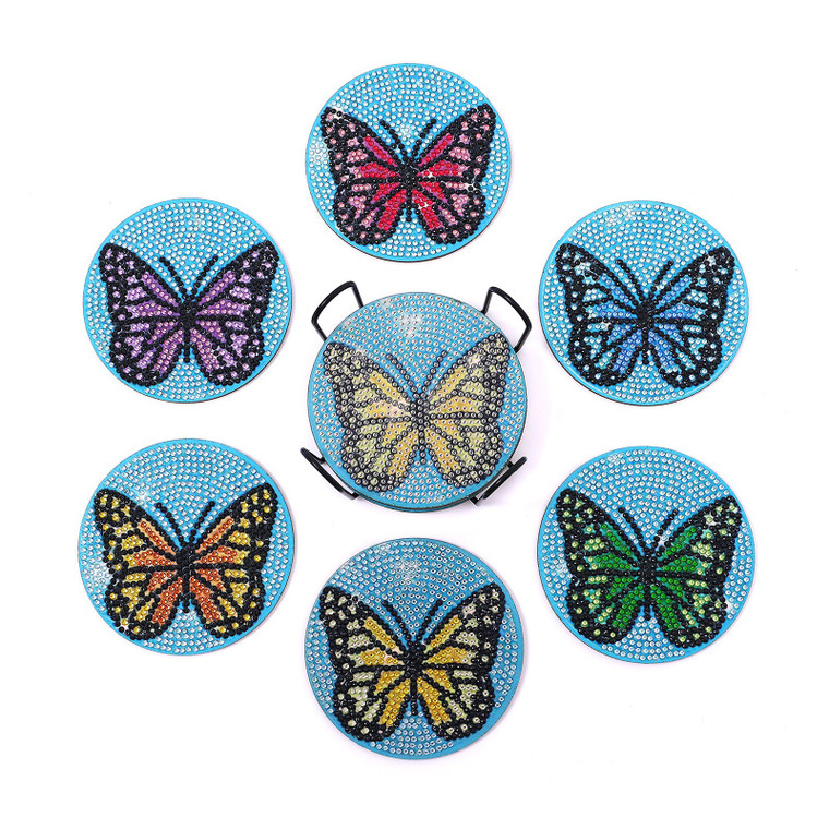 NEW 6 Piece Diamond Painting DIY Butterfly Coaster Set - Includes Stand