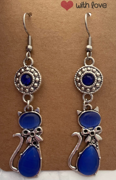 Handmade Silver Plated Crystal Circle & Cat Charm Earrings - Dark Blue