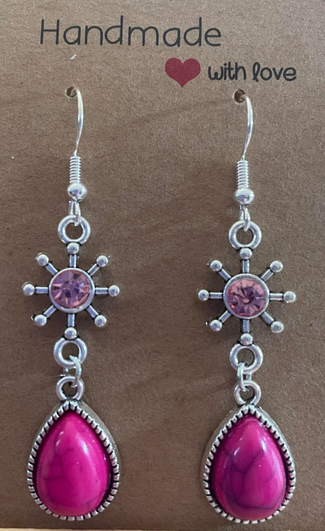 Handmade Silver Plated Crystal Snowflake & Tear Drop Charm Earrings - Pink