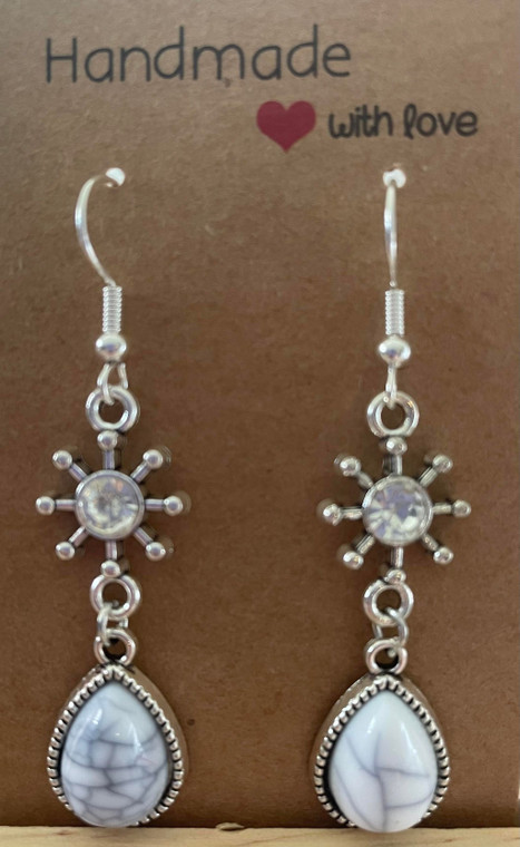 Handmade Silver Plated Crystal Snowflake & Tear Drop Charm Earrings - White