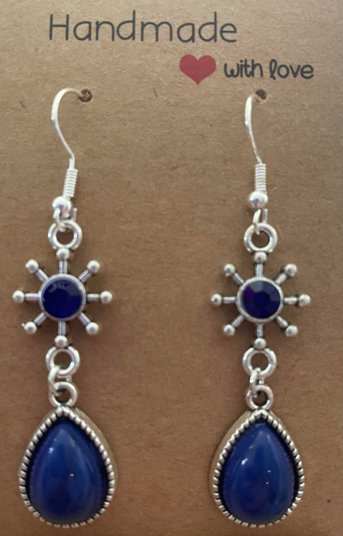 Handmade Silver Plated Crystal Snowflake & Tear Drop Charm Earrings - Dark Blue
