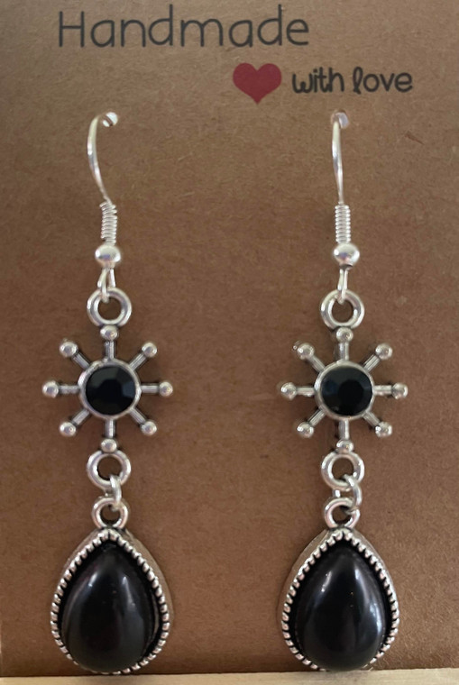 Handmade Silver Plated Crystal Snowflake & Tear Drop Charm Earrings - Black