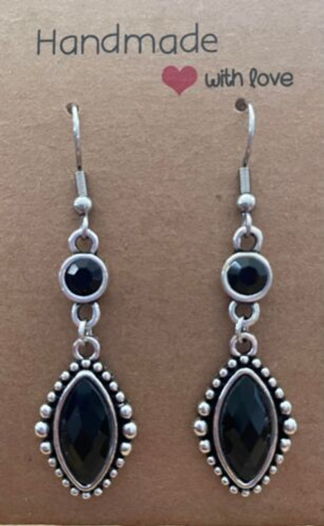 Handmade Vintage Silver Plated Diamond Shape Drop Earrings - Black