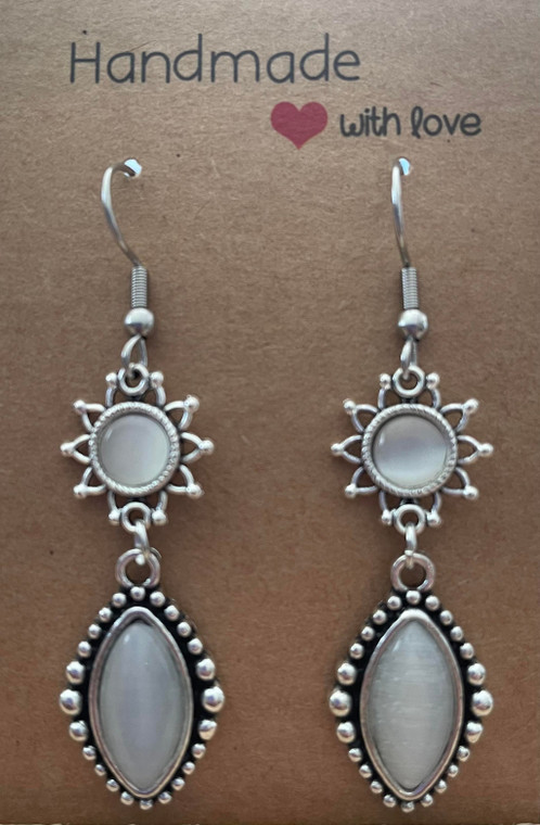 Handmade Vintage Silver Plated Charm with Sun Drop Hook Earrings - White