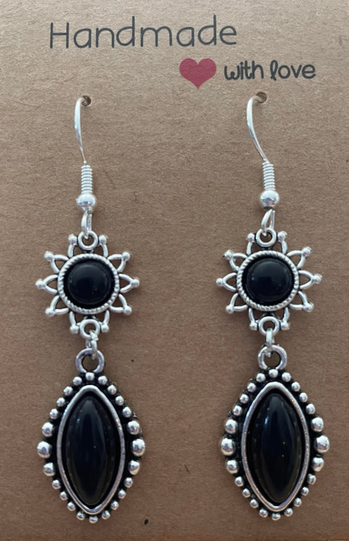 Handmade Vintage Silver Plated Charm with Sun Drop Hook Earrings - Black